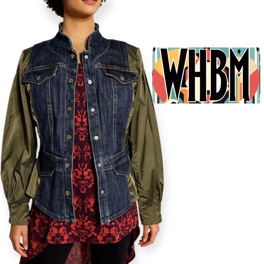 White House Black Market Blue Denim Jacket with olive green satin sleeves Size 8 - Picture 2 of 10